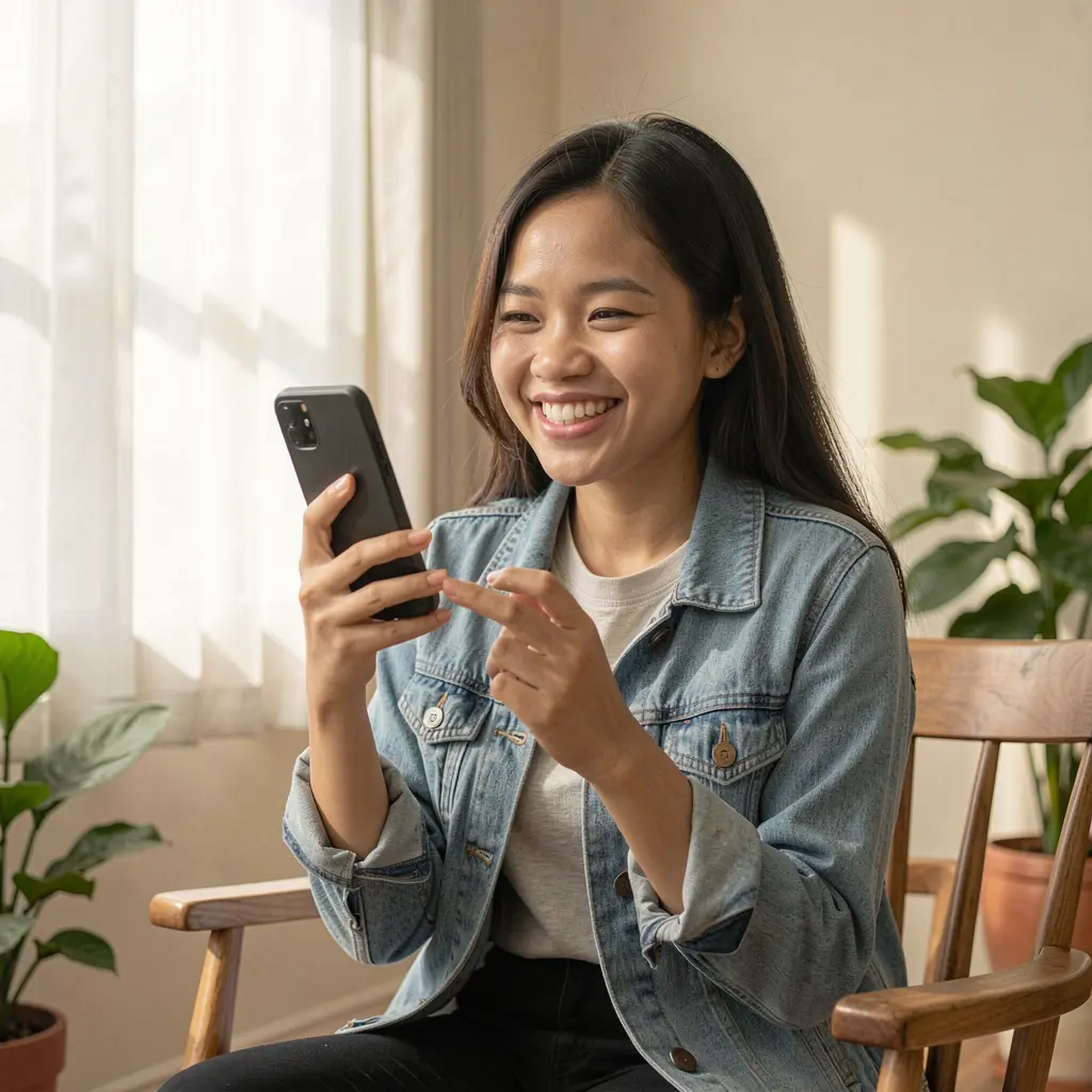 Smiling Filipino woman holding her phone while exploring the 903PH casino app in a warm and inviting indoor setting