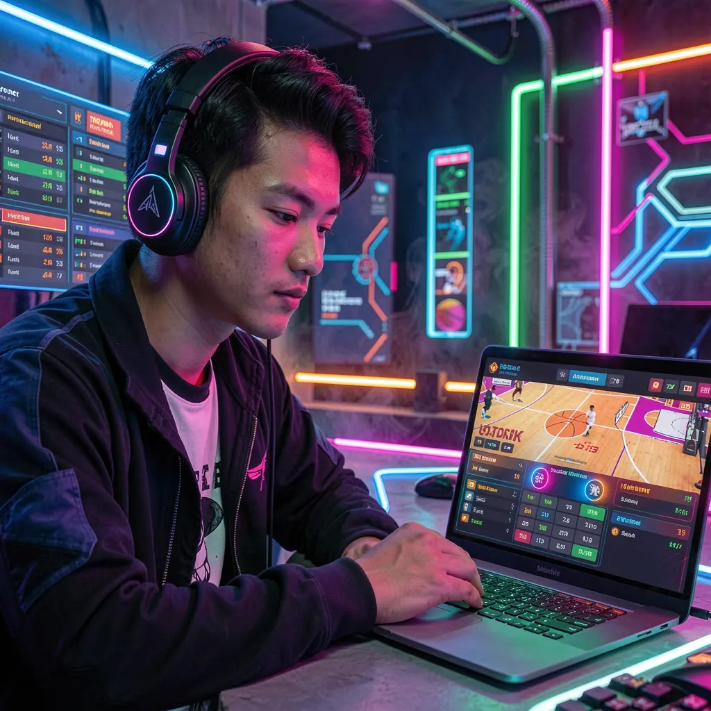 Focused Filipino sports bettor analyzing live basketball odds on a laptop in a neon lit cyber betting environment using the 903PH platform