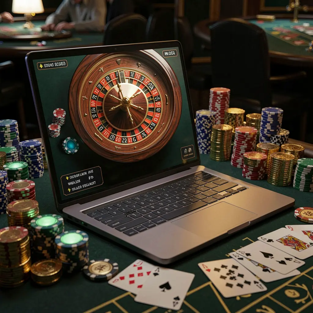 High definition digital roulette wheel displayed on a modern laptop surrounded by casino chips and cards showcasing the premium online casino experience at 903PH in the Philippines