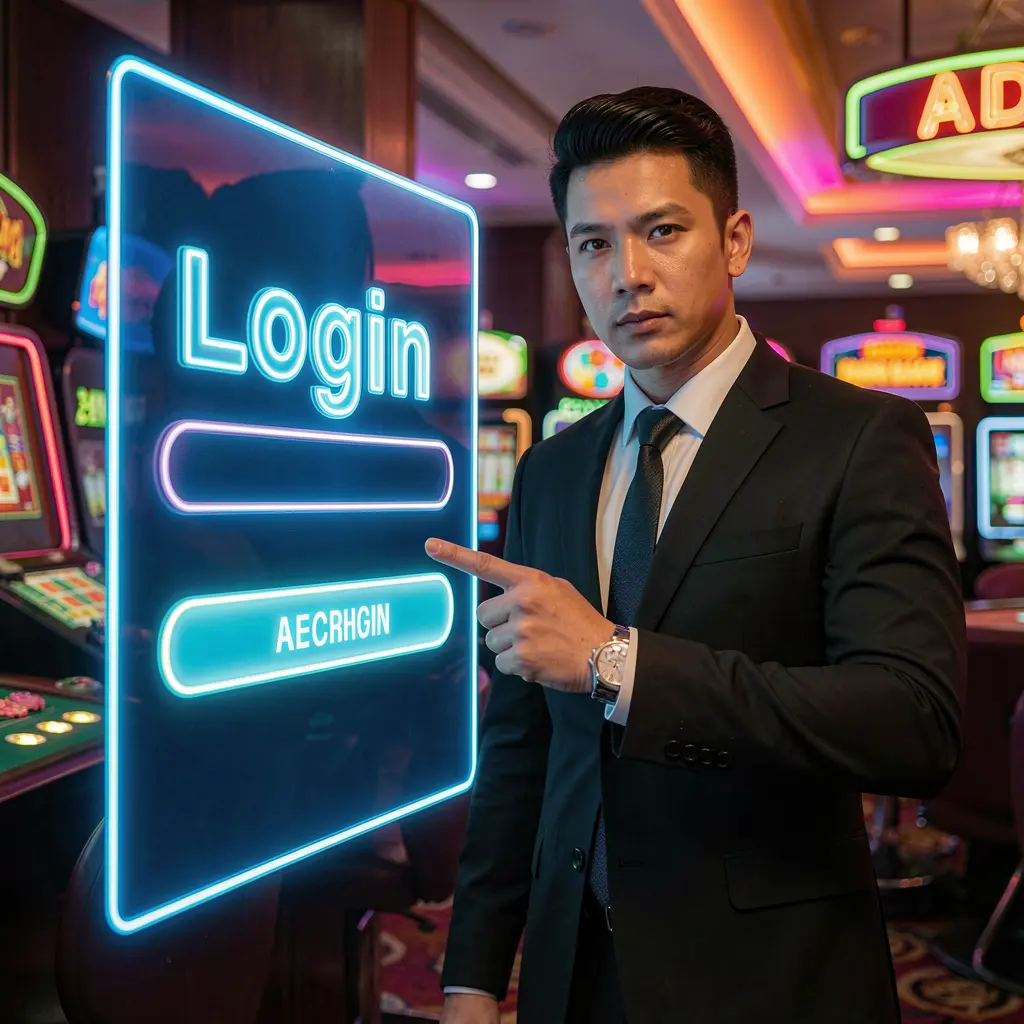 Confident Filipino casino ambassador pointing at a glowing 903PH login panel inside a modern online gaming environment