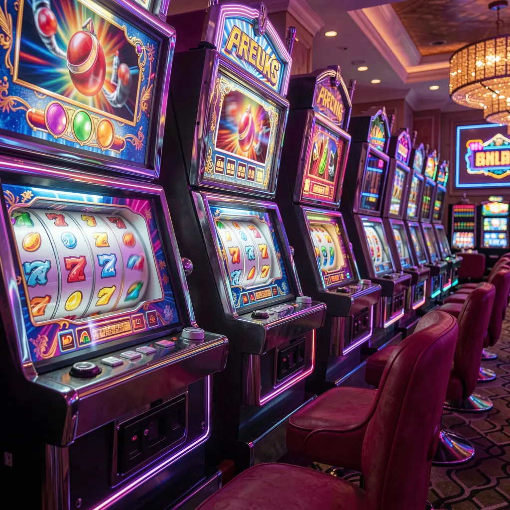 A vibrant row of illuminated slot machines with spinning reels and colorful symbols in a neon casino setting showcasing the immersive slot experience on 903PH in the Philippines
